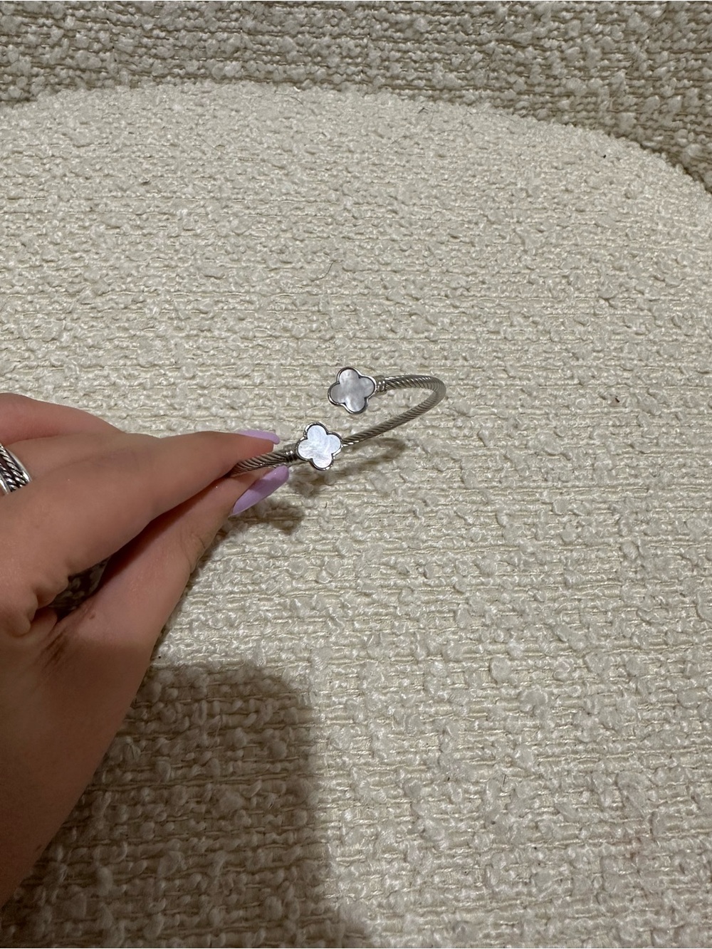 Sterling Silver Clover Open Bangle Bracelet - White Mother-of-Pearl